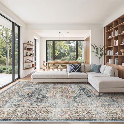 Washable Rug 8x10 Area Rugs for Living Room - Stain Resistant Non-Slip Backing Rugs for Bedroom - Vintage Large Area Rug (Navy, 8'x10')