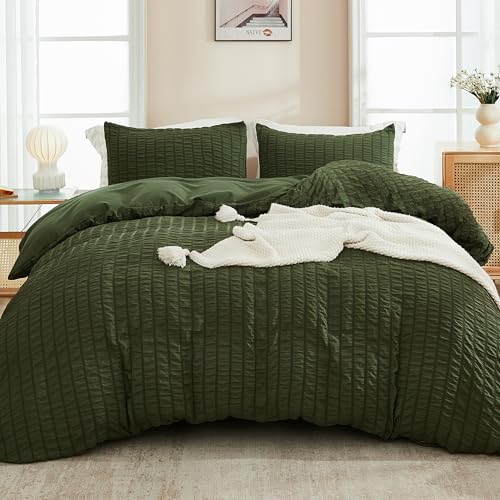 AveLom Dark Olive Green Seersucker Duvet Cover