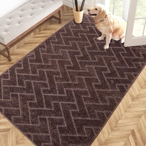 PURRUGS Easy Care Area Rug 4ft x 6ft, Non-Slip Machine Washable Entry Rug, Dog Door Mat, Stain Resistant Accent Rug for Hallway, Bedroom, Living Room and Mudroom, Brown