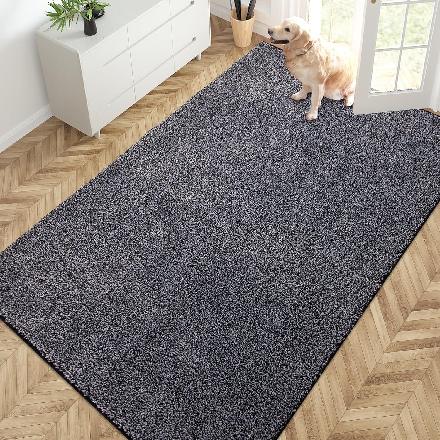 PURRUGS Easy Care Area Rug 4.5ft x 7ft, Non-Slip Washable Entryway Rug, Dog Door Mat, Stain Resistant Accent Rug for Hallway, Living Room, Bedroom and Mudroom, Bluish Grey-Black