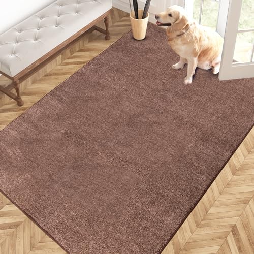 PURRUGS Easy Care Area Rug 4ft x 6ft, Non-Slip Machine Washable Entryway Rug, Dog Door Mat, Stain Resistant Accent Rug for Hallway, Living Room, Bedroom and Mudroom, Brown-Light Cream