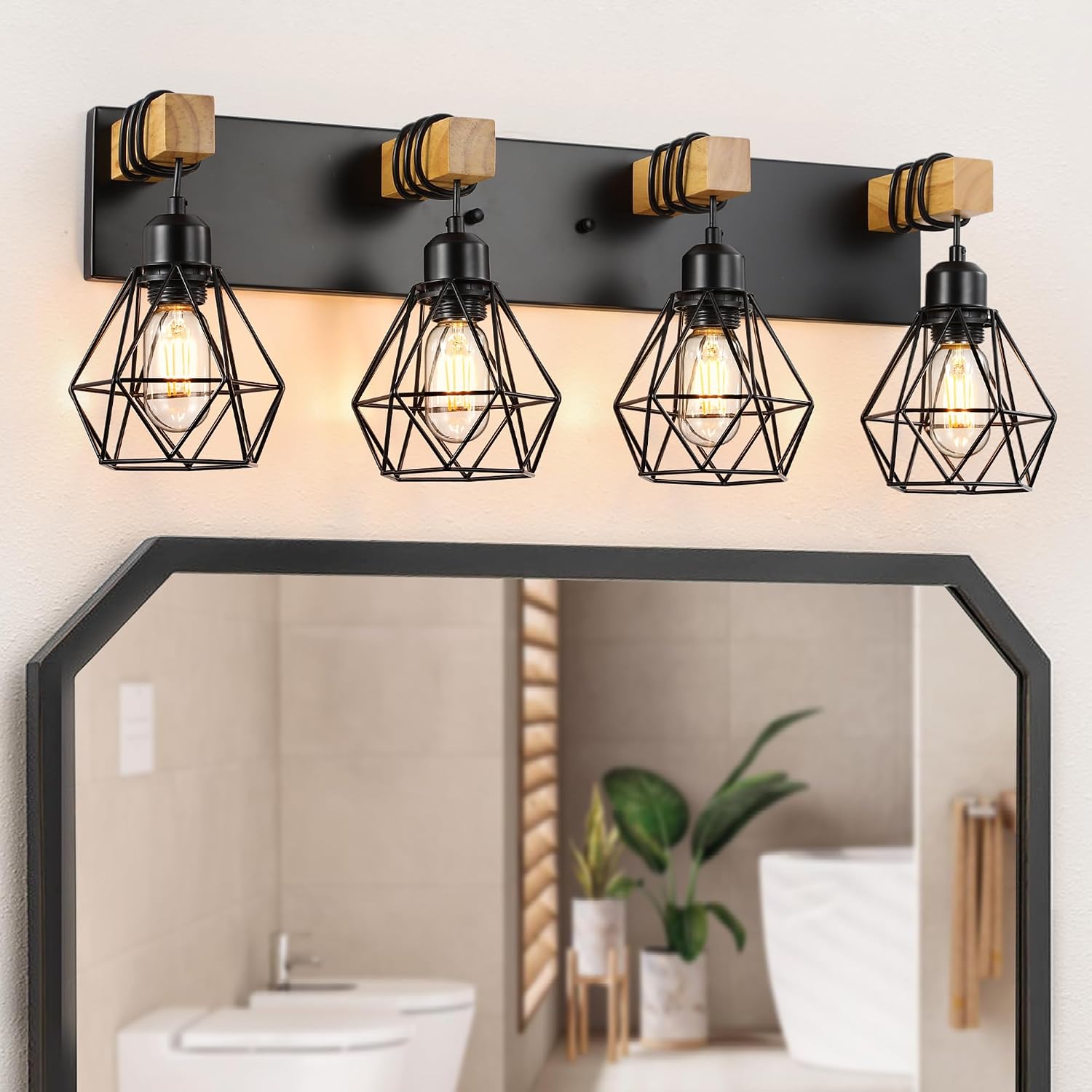 4-Light Farmhouse Bathroom Vanity Light Fixtures, Wood Bathroom Light Fixtures Over Mirror, Rustic Sconces Wall Lighting with Elegant Metal Lampshade for Living Room, Bedroom, Hallway