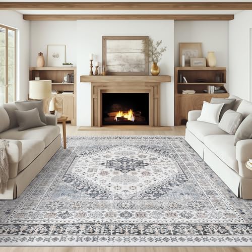 9x12 Area Rug,Ultra-Thin Washable Rugs for Living Room,Non-Slip Lightweight Foldable Area Rug,Stain Resistant Vintage Large Rugs (Grey/Beige,9'x12')