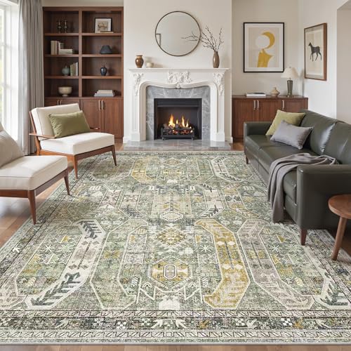 9x12 Area Rug,Ultra-Thin Washable Rugs for Living Room,Non-Slip Lightweight Foldable Area Rug,Stain Resistant Vintage Large Rugs (Green/Gold, 9'x12')