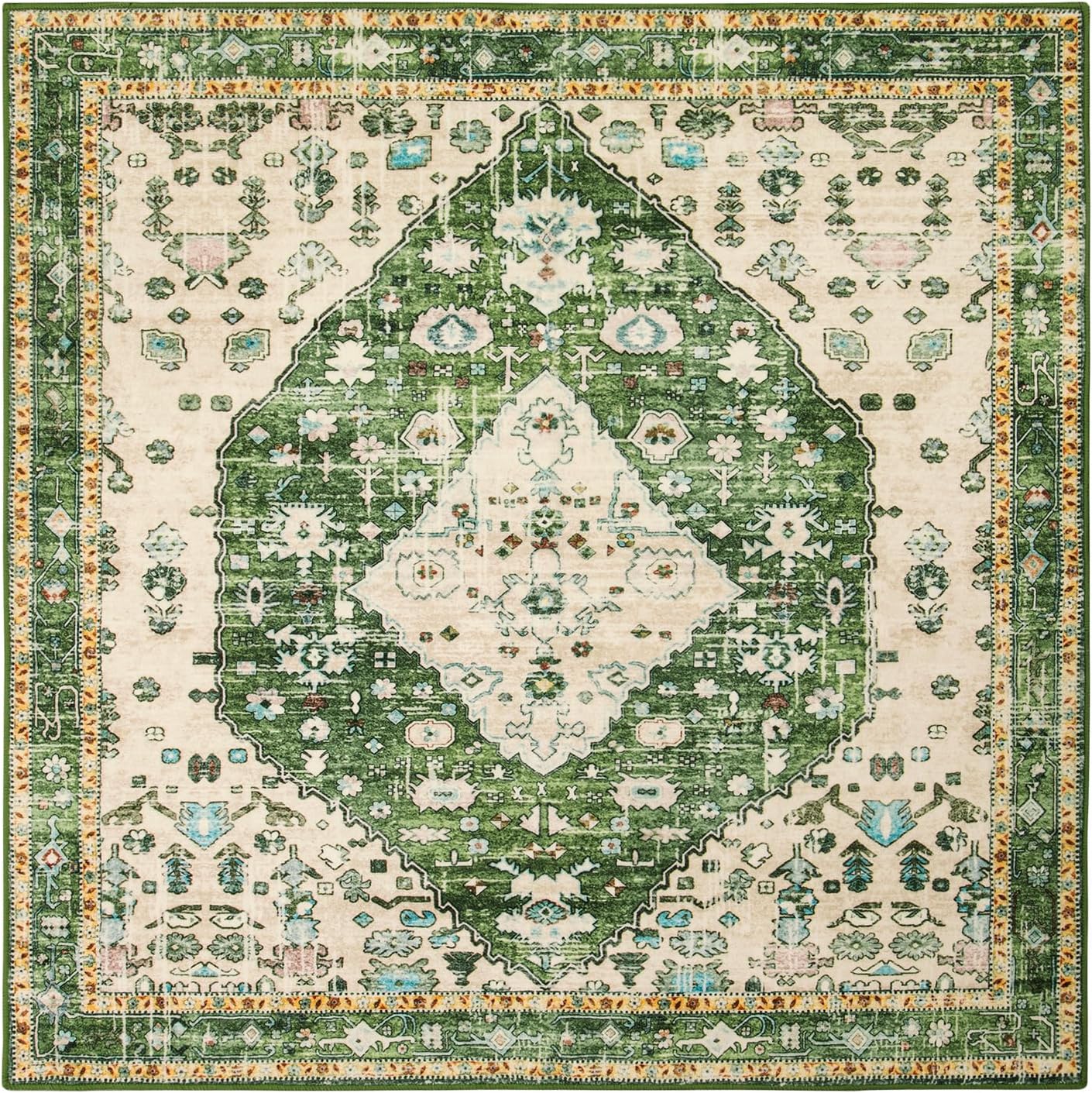 Lahome Boho Tribal Square 8x8 Area Rug, Green Machine Washable Bedroom Rugs Soft Living Room Rug, Large Oriental Distressed Non Slip Non-Shedding Printed Floor Carpet for Den Dining Room Nursery