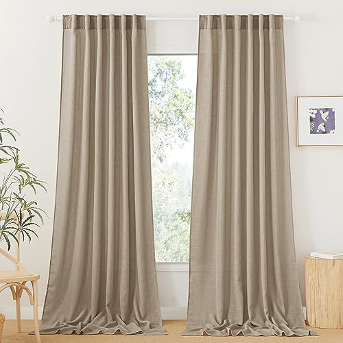 RYB HOME Extra Long Linen Curtains for Dining Room 120 inches Long, Back Tab Farmhouse Light Filtering Privacy Lightweight Floor Sweeping Drapes for Living Room, Khaki, 52" W, 2 Panels