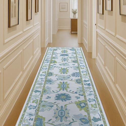 Green Oushak Rug, Vintage Turkish Eclectic Floral Pastel Large Oversized Area Rugs for Living Room Dining Bedroom Kitchen Bathroom (55 CGRN, 2'5'' x 6'6)