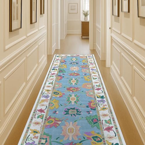 Colorful Oushak Runner Rug, Modern Runners, Turkish, Eclectic, Floral, Pastel, Washable, Small Throw Rugs, Short Runner for Entryway, Laundry, Foyer, Bedroom, Kitchen, Bathroom, 2'5"x6'5"