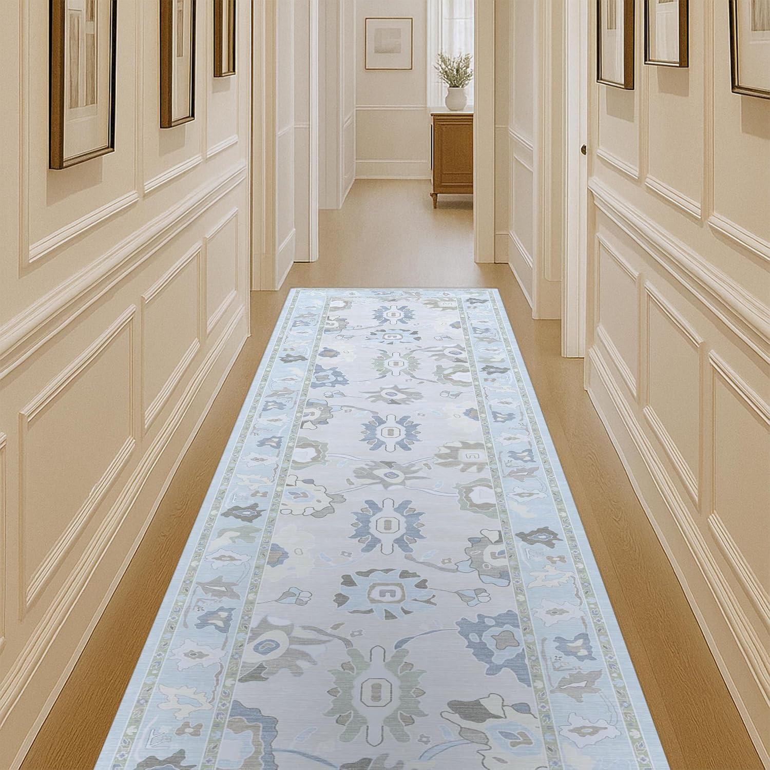 Cream Blue Oushak Runner Rug, Modern Runners, Turkish, Eclectic, Floral, Pastel, Washable, Small Rugs, Short Runner for Hallway, Entryway, Laundry, Bedroom, Kitchen, Bathroom, 2'5"x6'5"