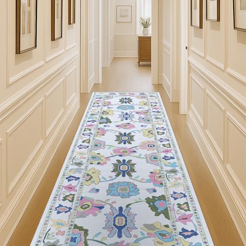 Colorful Oushak Runner Rug, Modern Runners, Turkish, Eclectic, Floral, Pastel, Washable, Small Throw Rugs, Short Runner for Hallway, Entryway, Foyer, Bedroom, Kitchen, Bathroom, 2'5"x6'5"