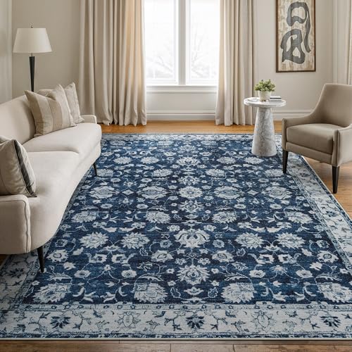 Bloom Rugs Washable Non-Slip 8' x 10' Rug - Dark Blue Traditional Bordered Area Rug for Living Room, Bedroom, Dining Room, and Kitchen - Exact Size: 8' x 10'