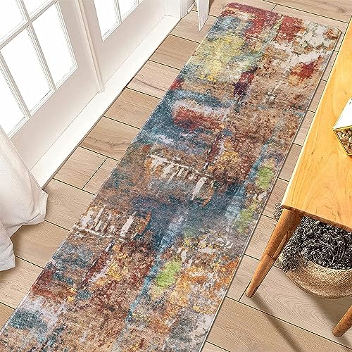 famibay 2x10 Runner Rug Modern Runners for Hallways Non Slip Abstract Kitchen Runner Rug Washable Soft Low Pile Faux Wool Carpet Runners for Hallway Kitchen Corrider Entryway (Multi/Red)