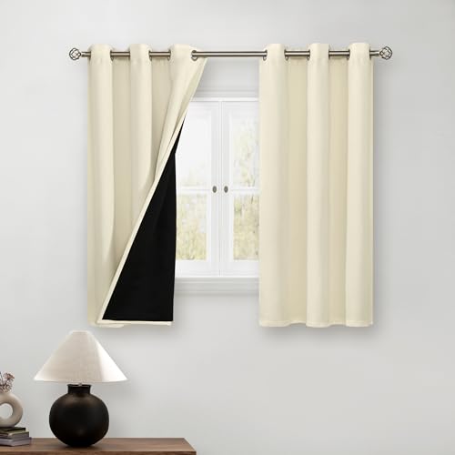 BGment Short 100% Blackout Curtains for Bedroom, Thermal Insulated Energy Efficiency Noise Reducing Grommet Curtains 54 Inch Length with Liner for Small Window 2 Panels Each 42 Inch Wide, Cream