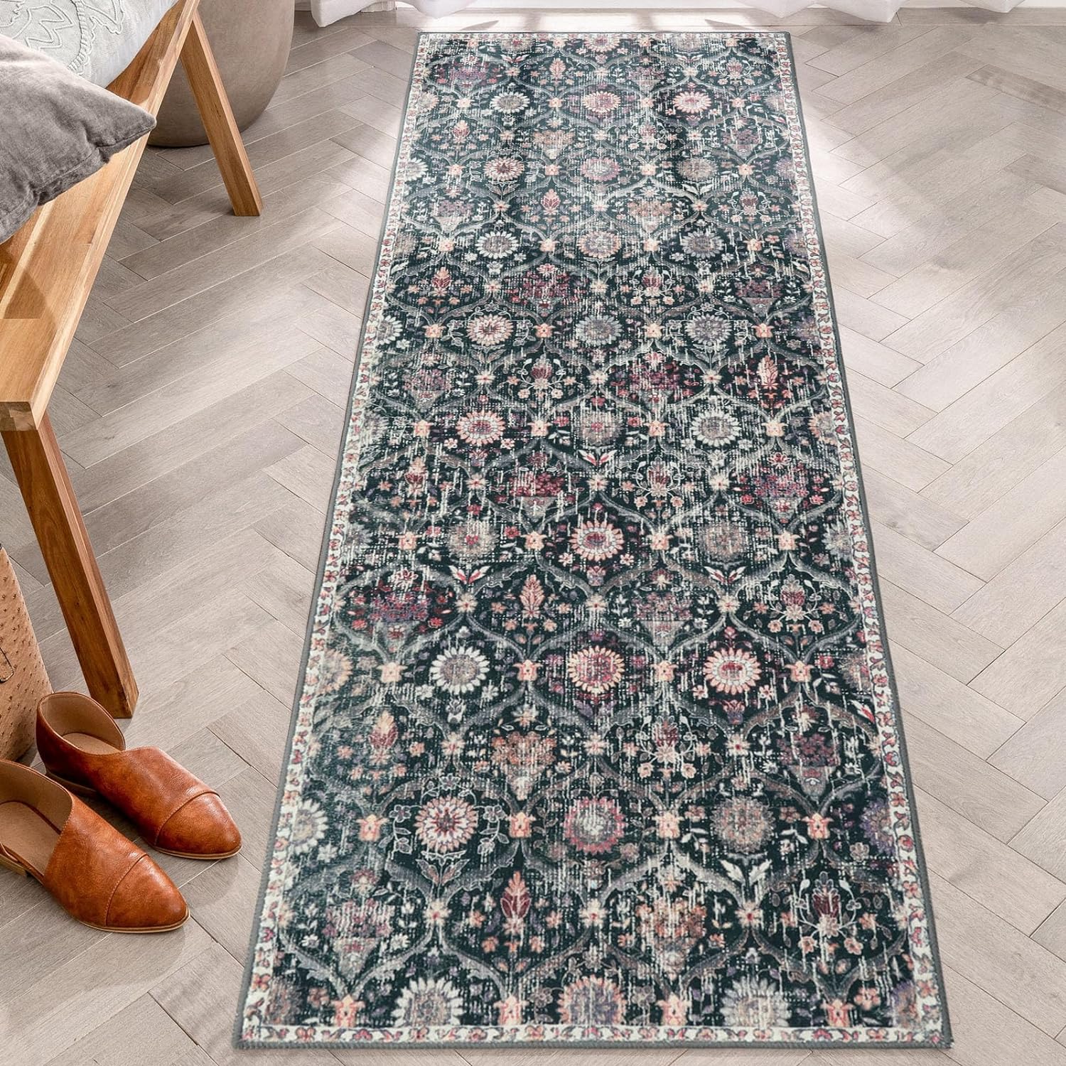Lahome Moroccan Trellis Washable Runner Rug, 2x6 Kitchen Runners for Hallways 6 Feet Non Slip, Vintage Laundry Room Rug Ultra-Thin Long Carpet for Bathroom Bedroom Entryway, Black/Multi