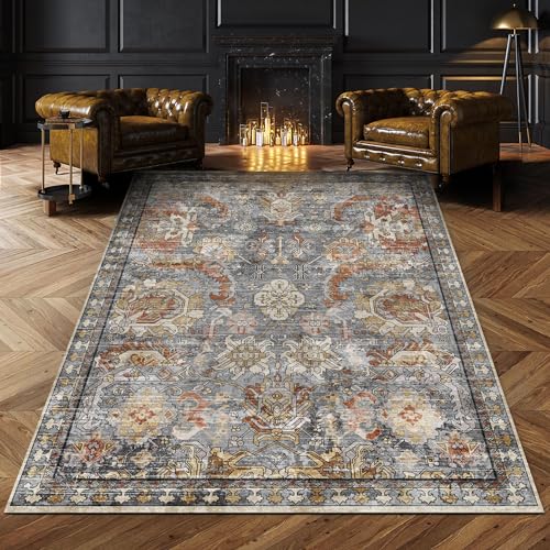 RUGSURE Washable Area Rugs - Perfect for Living Room, Bedroom, Kids Room, Nursery - Stain & Water Resistant Non-Slip, Pet & Child Friendly, Vintage Tribal Area Rugs (Turmeric and Grey, 9' x 12')