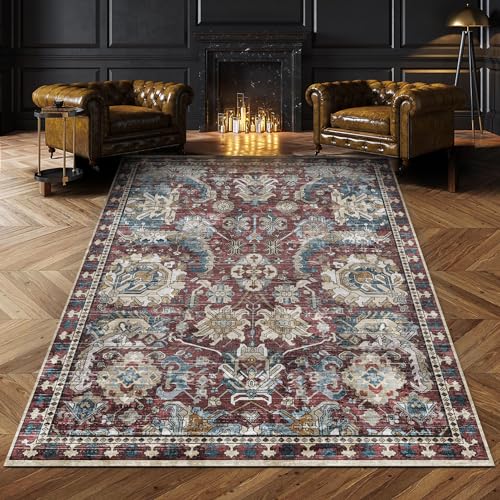 Washable Area Rugs - Perfect for Living Room, Bedroom, Kids Room, Nursery - Stain & Water Resistant Non-Slip, Pet & Child Friendly, Vintage Tribal Area Rugs (Rust and Bule, 9' x 12')