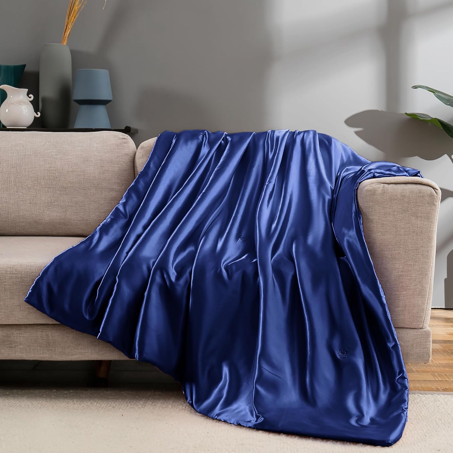 Vonty Satin Throw - Navy Blue Satin Blanket, 90x90 Inches, Cooling & Silky, Wrinkle-Free Cable Knit, Big Size for Couch, Sofa, Bed, Outdoor