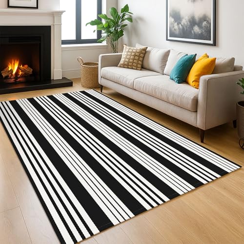 KOZYFLY Black and White Striped Outdoor Rug 5x7 Ft Area Rug Washable Indoor Outdoor Rug Cotton Outdoor Patio Rugs Farmhouse Rugs Living Room Carpet for Patio Dining Room Bedroom