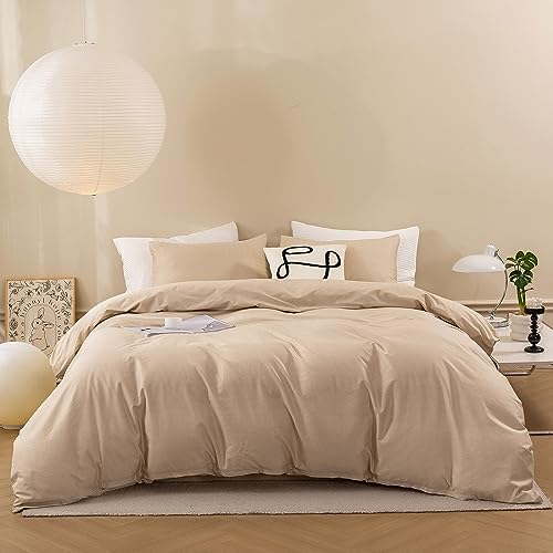 ECOCOTT Khaki Duvet Cover Queen Size - 100% Washed Cotton Durable Soft Comfy Duvet Cover Set, Lightweight and Breathable with Zipper Closure & Corner Ties (Khaki, 90''x90'')