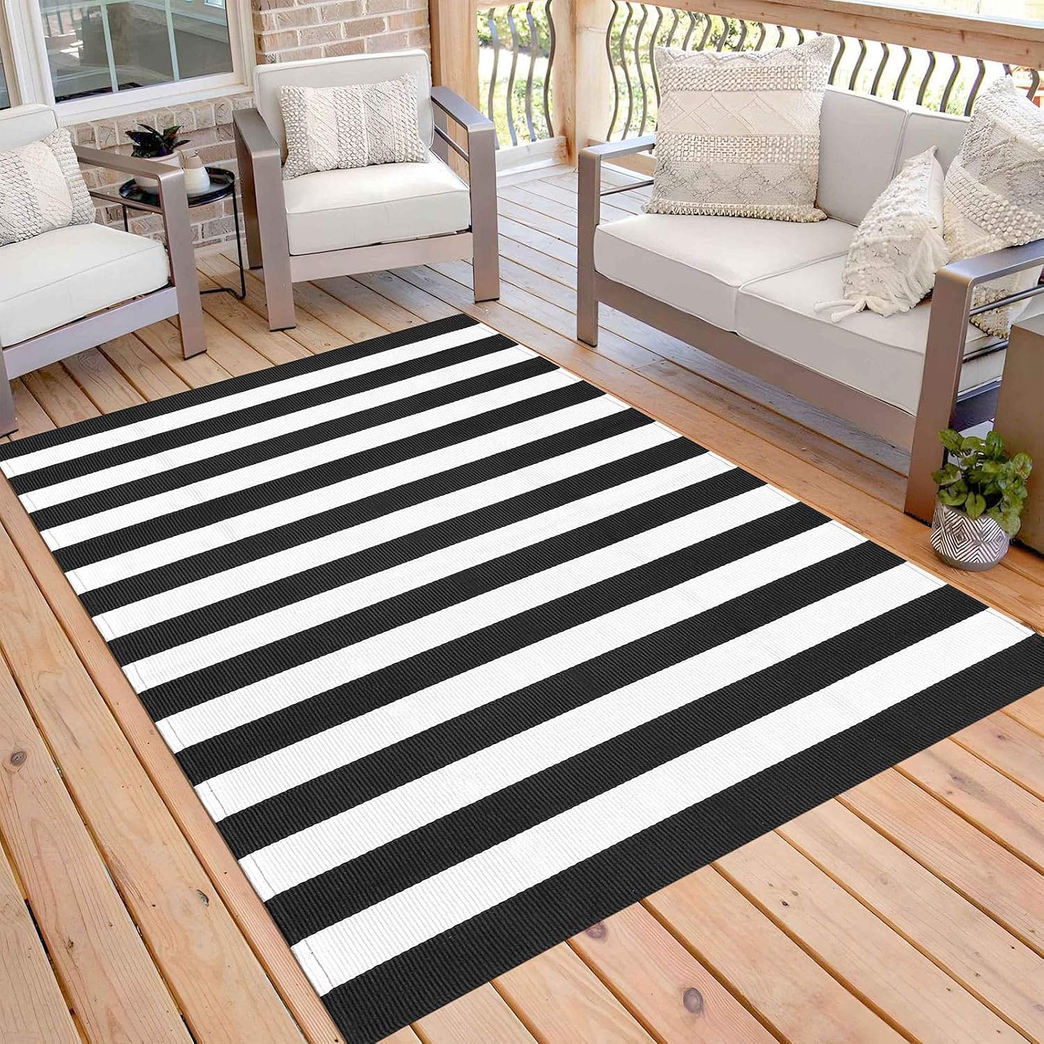 KOZYFLY Black and White Striped Outdoor Rug 5x7 Ft