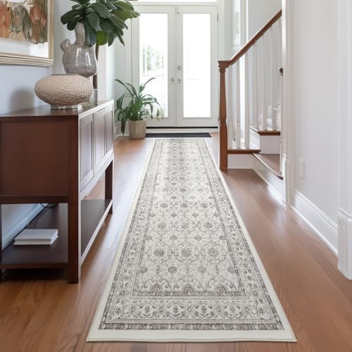jinchan Hallway Runner Rug 3x7 - Machine Washable Beige Vintage Floral Distressed Design Soft Non-Slip Low-Pile Ultra-Thin Runner Rug for Kitchen Laundry Room Bedroom Farmhouse (3x7',Beige)
