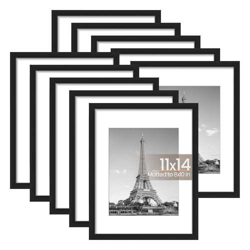 upsimples 11x14 Picture Frame Set of 10, Display Pictures 8x10 with Mat or 11x14 Without, Multi Photo Frames Collage for Wall Display, Black