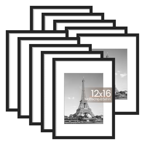 upsimples 12x16 Picture Frame Set of 10, Display Pictures 8.5x11 with Mat or 12x16 Without, Multi Photo Frames Collage for Wall Display, Black