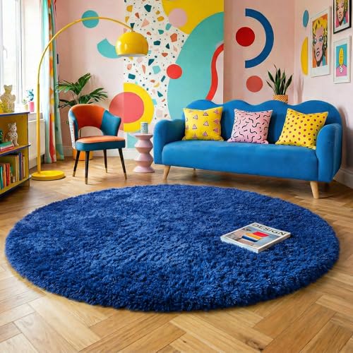 Navy Blue Round Rug 7Ft for Living Room Bedroom, Large Fluffy Fuzzy Circle Area Rugs for Teen Boys Baby Kids, Cute Shaggy Plush Floor Royal Dark Blue Carpet for Dorm Nursery Playroom Decor Aesthetic