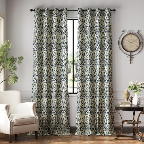 jinchan Blackout Curtains for Bedroom, Blue Damask Patterned Curtains 96 Inch Length for Living Room, Vintage Medallion Art Deco Drapes, Thermal Insulated Grommet Window Treatments, 2 Panels Blue
