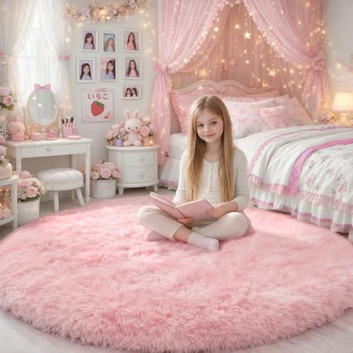 Amdrebio Pink Round Area Rugs 7Ft for Girls Bedroom Decor, Fluffy Large Circle Rug for Living Room, Kids Room, Teen, Fuzzy Plush Carpets for Baby Nursery, Dorm, Classroom, Big Indoor Kawaii Play Rug