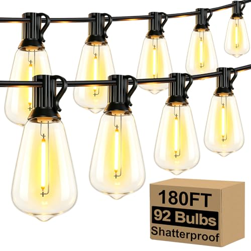 Brightever Outdoor String Lights 180FT, Patio Lights with 90+4 Dimmable ST38 Shatterproof LED Bulbs, Vintage Edison String Lights for Outside, Waterproof Bistro Lights for Halloween Backyard 2700K