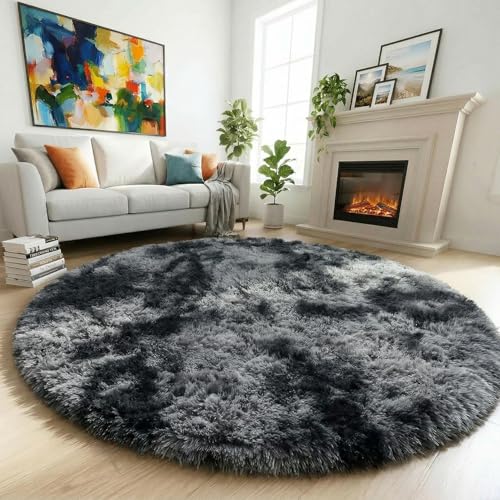 Amdrebio Tie-Dyed Dark Grey Round Area Rugs for Living Room, 6x6 Rug, Soft Thick Large Circle Rug for Bedroom, Big Shag Fluffy Fuzzy Carpet for Mens Boys Kids Room, Modern Cool Floor Circular Rug