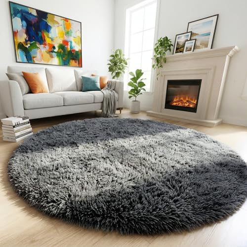 Amdrebio Grey Round Area Rugs 7Ft for Living Room, Large Shag Fluffy Circle Rug for Bedroom, Big Soft Thick Plush Carpet for Kids Room, Modern Furry Fuzzy Circular Gray Rug for Classroom Apartment