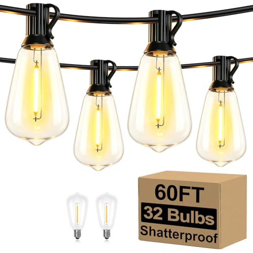 Brightever LED Outdoor String Lights 60FT with 32 Shatterproof ST38 Vintage Edison Bulbs, Outside Hanging Lights Waterproof for Patio, Porch, Deck, Garden, Backyard, Balcony, 2700K Dimmable