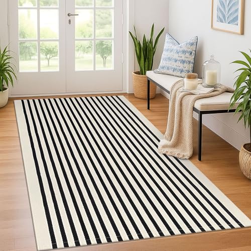 KOZYFLY Black & Beige Striped Rug 4x6 Ft