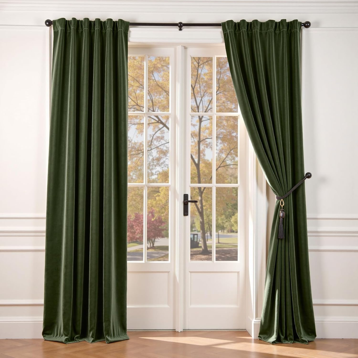 Lazzzy Green Velvet Curtain Thermal Insulated Curtains 90 Inch Long Drapes for Bedroom Living Room Darkening Window Treatments Rod Pocket, Set of 2, Moss Green