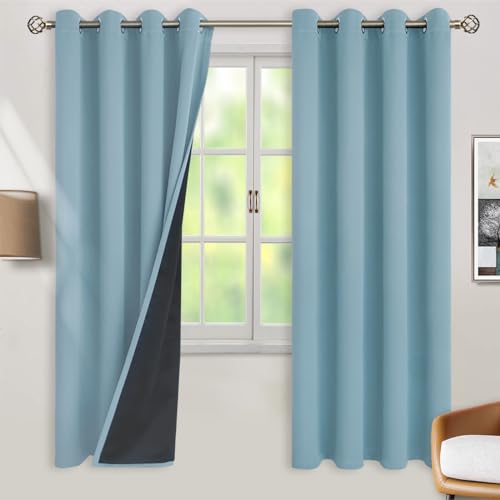 BGment Thermal Insulated 100% Blackout Curtains for Bedroom with Black Liner, Double Layer Full Room Darkening Noise Reducing Grommet Curtain (52 x 72 Inch, Greyish Blue, 2 Panels)