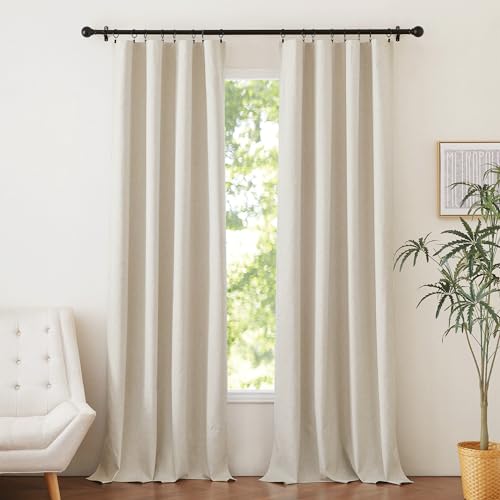NICETOWN Rod Pocket Full Blackout Natural Beige Linen Curtains 108" Length 2 Panels with Thermal Insulated Liners for Living Room, 52" Wide, Farmhouse Keep Cool & Warm Large Window Drapes for Hall