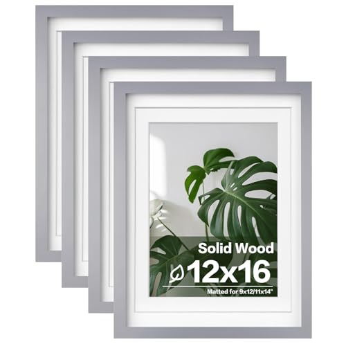 Egofine 12x16 Picture Frames with Plexiglass, Display Pictures 9x12/11x14 with Mat or 12x16 Without Mat Set of 4 for Wall Mounting,Light Grey