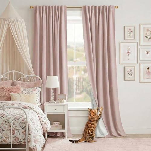 Cute Curtains for Nursery Girls Room,Kawaii Blackout Back Tab Black Out Vintage Princess Preppy Pink Linen Curtains 90 Inches Long 2 Panels Set for Teen Living Room Bedroom Dorm,Dusty Blush Pink