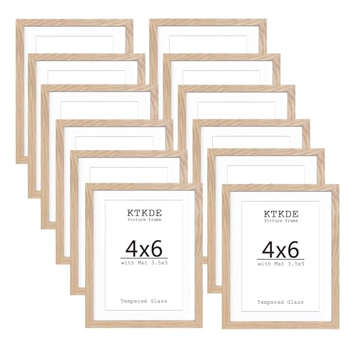 KTKDE 4x6 Picture frame Set of 12,Nature Woodgrain Photo Frame 3.5x5 mat or 4x6 Without Mat, 4 by 6 Tempered Glass small picture frames for Wall or Tabletop Home Decor best gift
