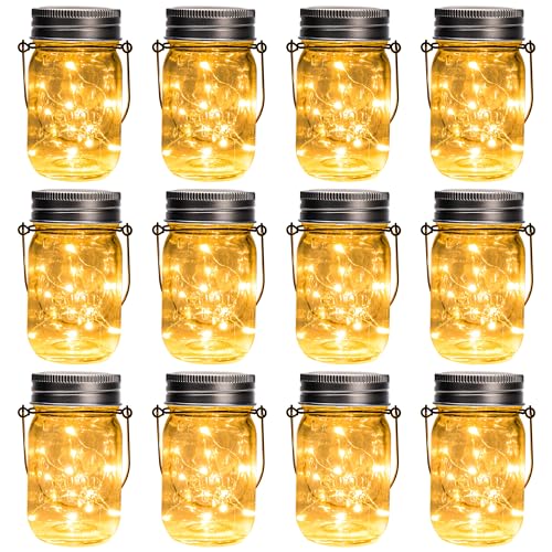 GIGALUMI Solar Mason Jar Lights, 12 Pack 30 Led String Fairy Lights Garden Lights Outdoor Waterproof Hanging Solar Lanterns for Outdoor, Garden, Patio, Lawn, Balcony Decoration