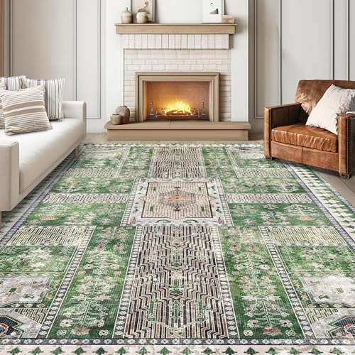 Vintage 6' x 9' Washable Area Rug - Stylish Indoor Rug for Living, Dining or Bedroom - Lightweight Carpet with Non-Slip Backing - Foldable for Easy Placement and Maintenance - Green