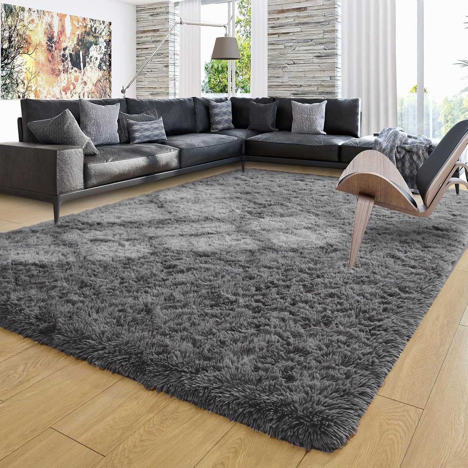 Ompaa Ultra Soft Fluffy Bedroom Rugs Memory Foam Carpet, Dark Gray 8x10 Feet Large Area Rugs