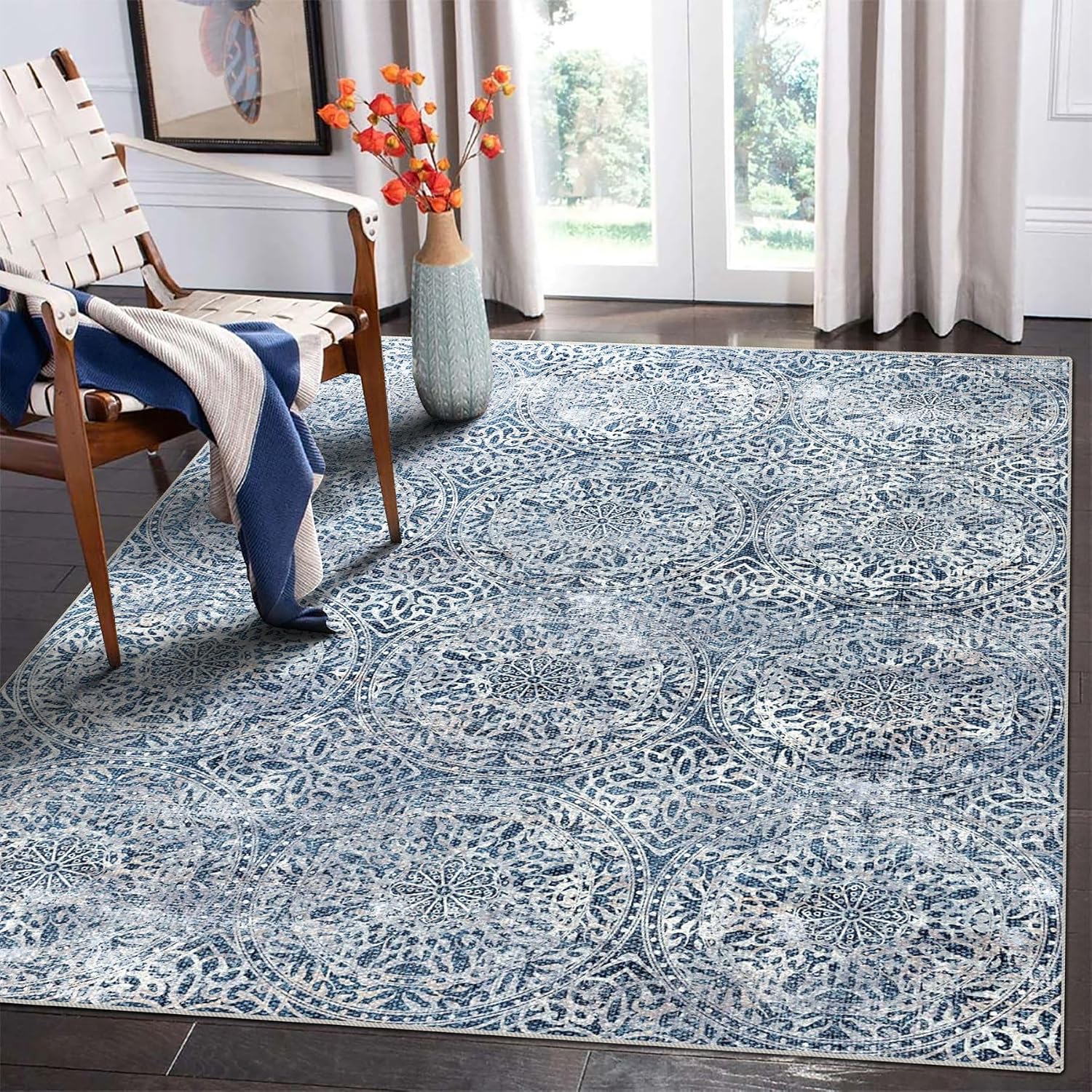 vivorug 5x7 Area Rugs - Ultra-Thin Washable Rug with Non-Slip Backing, Ideal for Living Room, Bedroom, Kitchen Floor Carpet - Vintage Medallion, Easy Clean, Durable, Blue