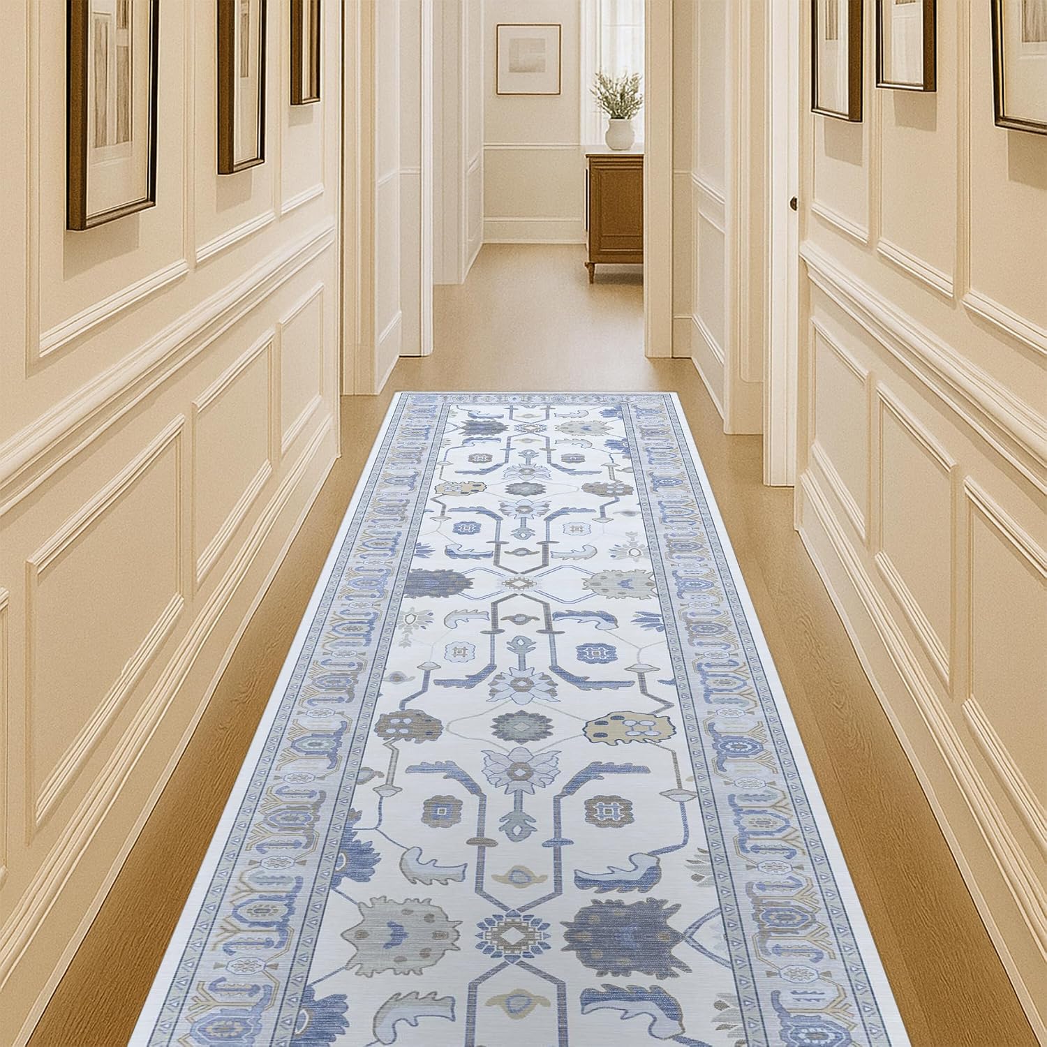 Cream Blue Oushak Runner Rug, Modern Runners, Turkish, Eclectic, Floral, Pastel, Washable, Small Throw Rugs, Short Runner for Hallway, Laundry, Foyer, Bedroom, Kitchen, Bathroom, 2'5"x6'5"