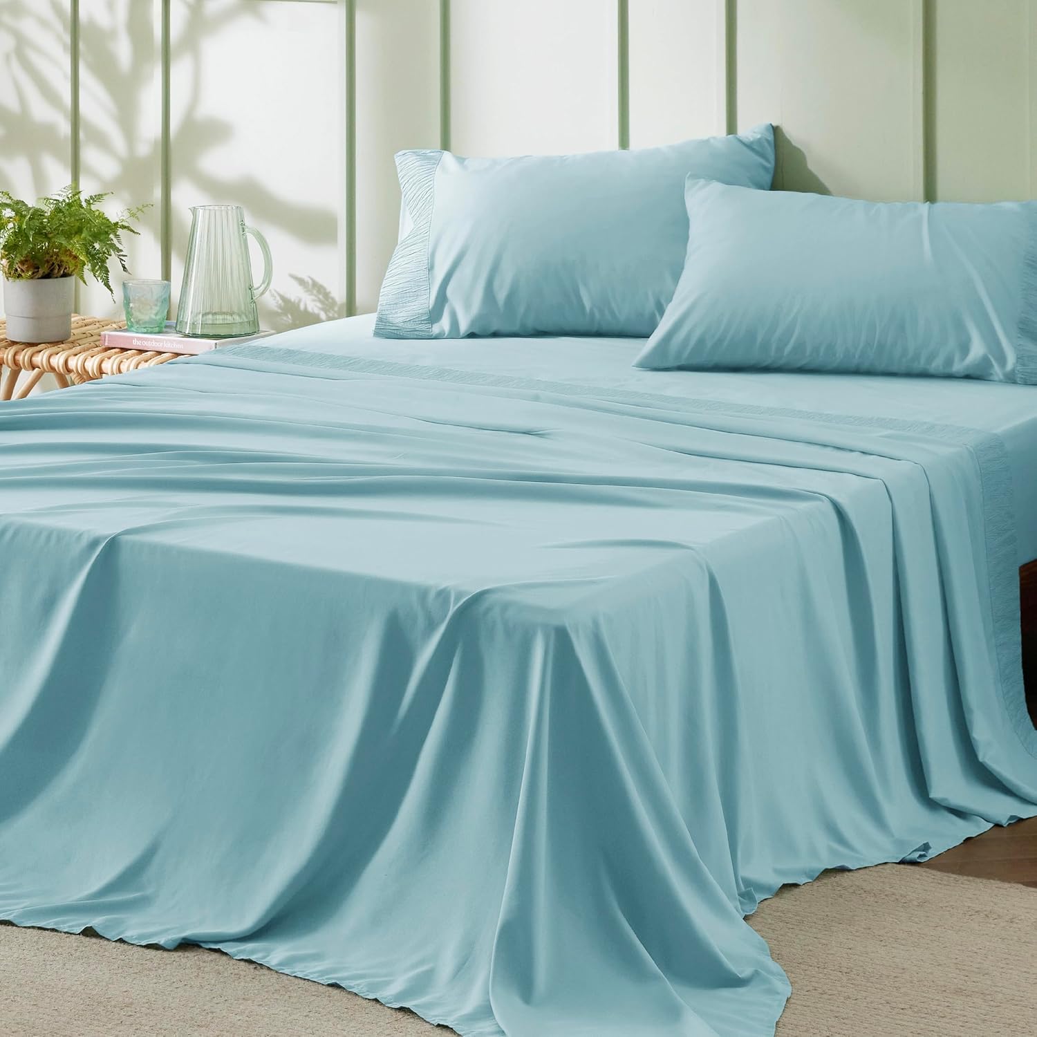 Bedsure California King Sheet Sets - 4 Pieces Soft Cal King Sheets - Breathable & Cooling - Hotel Luxury - Easy Care Polyester Microfiber Bedding for Women, Men, Spa Blue