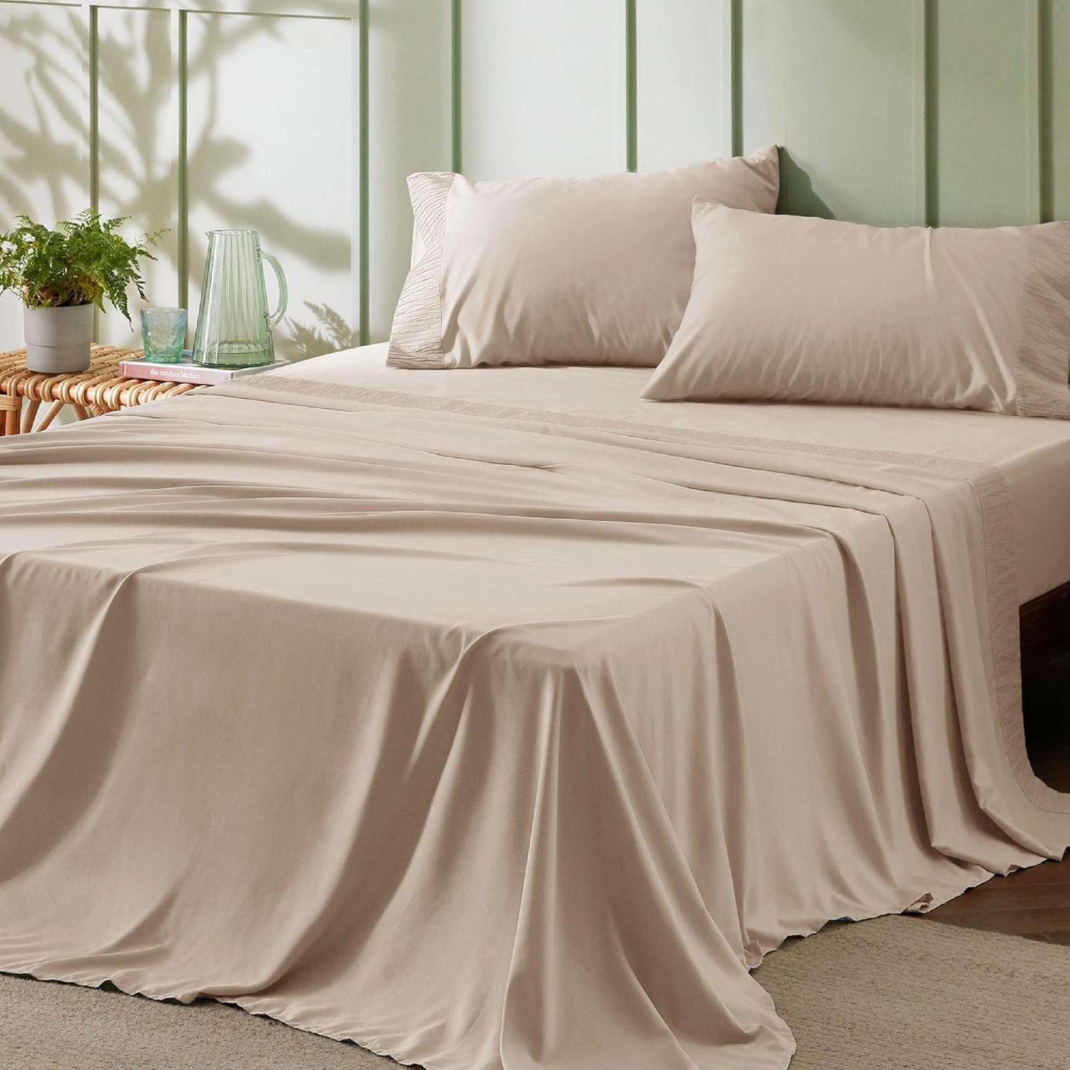 Bedsure California King Sheet Sets - 4 Pieces Soft Cal King Sheets - Breathable & Cooling - Hotel Luxury - Easy Care Polyester Microfiber Bedding for Women, Men, Light Khaki