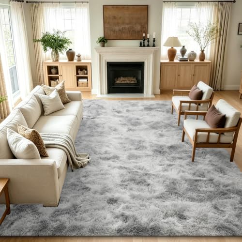 Noahas 8x10 Area Rugs for Living Room,Tie-Dyed Grey Area Rug,Big Shaggy Rugs for Bedroom,Fluffy Large Carpet,Soft Kids Rug Non Slip Reduce Noise Room Decor