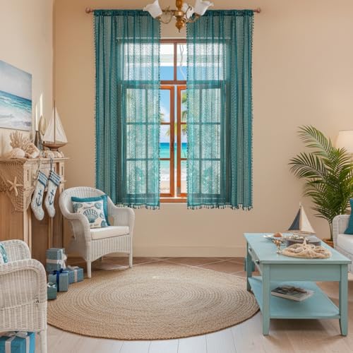 WAZZIO Teal Cotton Crochet Lace Curtains